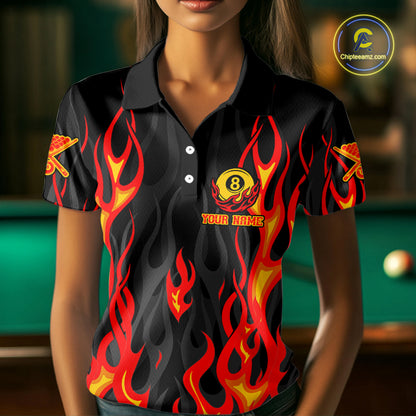 Fire Flame 8 Ball Pool Women Billiard Polo & 1/4-Zip Attire Custom Red Billiard Shirt Designs NYN2412