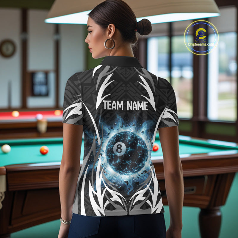 Lightning Blue 8 Ball Women Billiard Polo & 1/4-Zip Jersey Custom Tribal Pool Billiard Shirt NYN2415