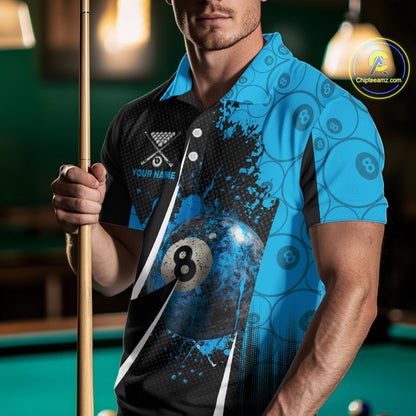 Blue Grunge 8 Ball Pool Team Shirt Personalized Men Billiard Polo & 1/4-Zip Attire Gifts NYN2419