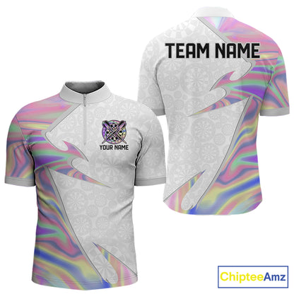 Personalized Pink Holographic Dartboard Pattern Men Darts Polo & 1/4-Zip Shirts Dart Team Jerseys NYN2811