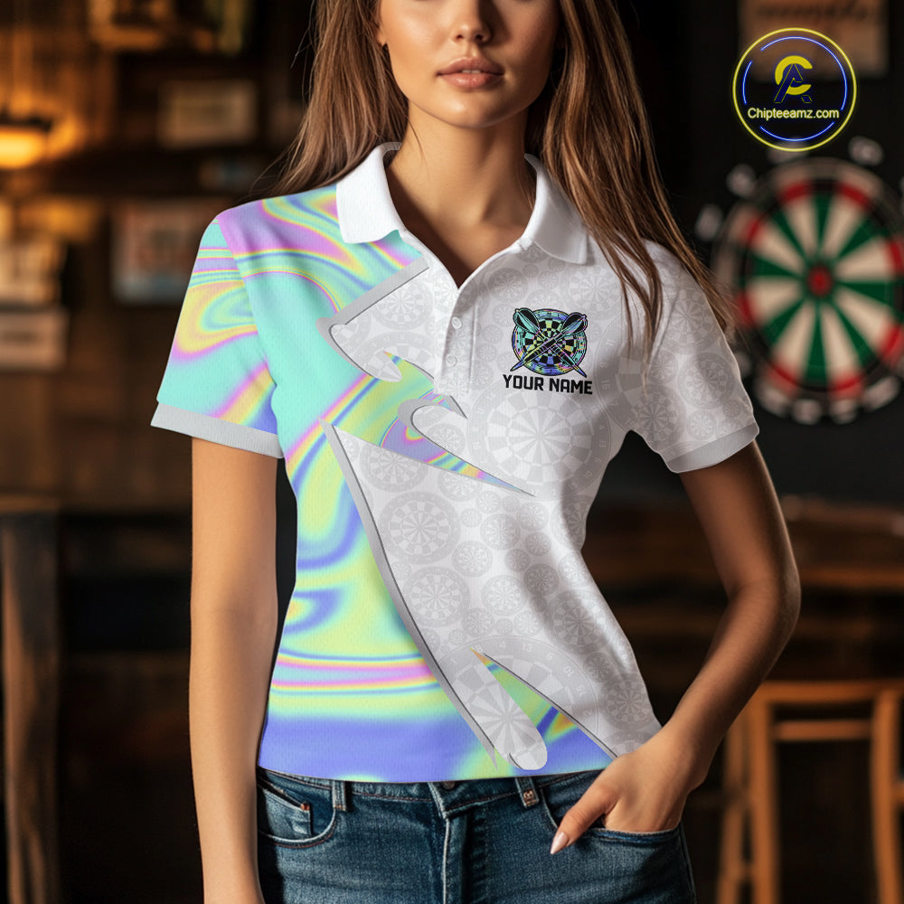 Personalized Green Blue Holographic Dartboard Pattern Women Darts Polo & 1/4-Zip Shirts Dart Team Jerseys NYN2812