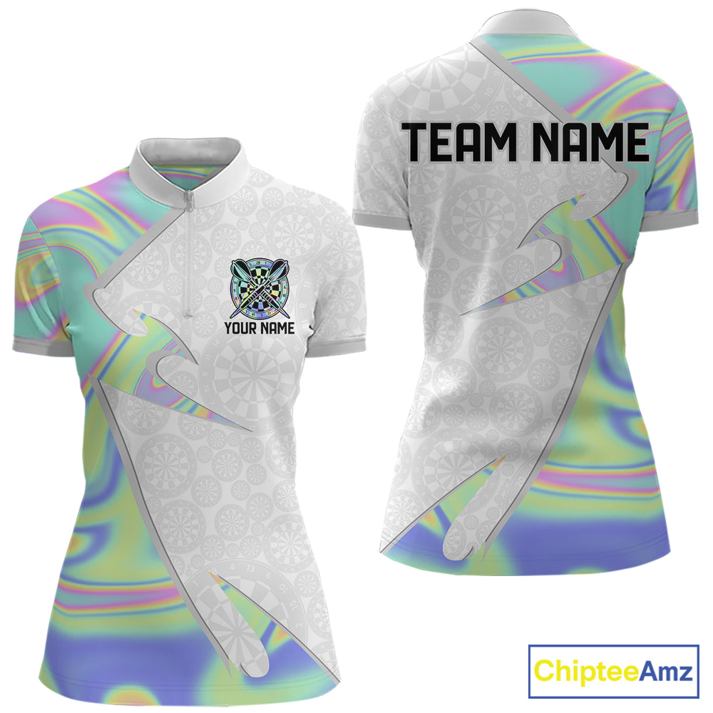 Personalized Green Blue Holographic Dartboard Pattern Women Darts Polo & 1/4-Zip Shirts Dart Team Jerseys NYN2812