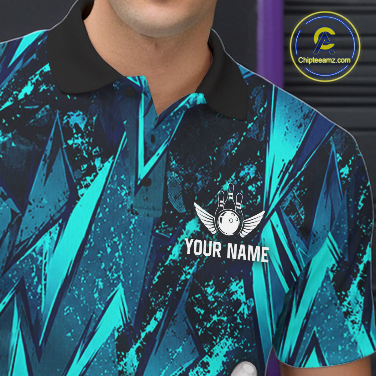 Strike Bowling Ball & Pins Grunge Cyan Men Bowling Shirts Personalized Bowling Team Outfits NYN3189
