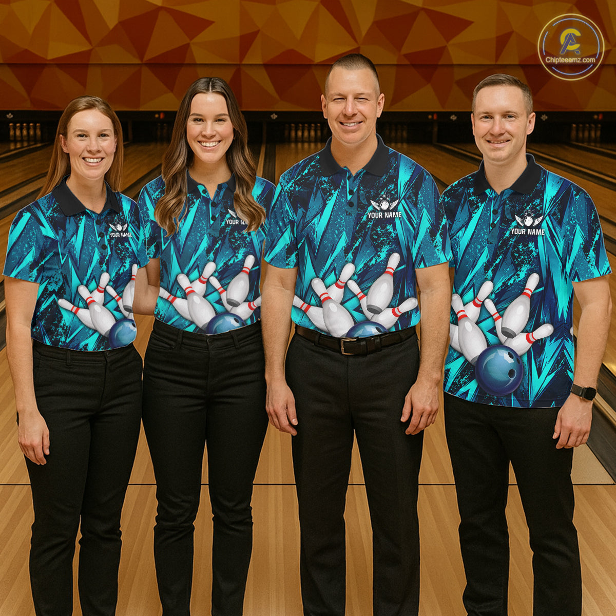 Strike Bowling Ball & Pins Grunge Cyan Men Bowling Shirts Personalized Bowling Team Outfits NYN3189
