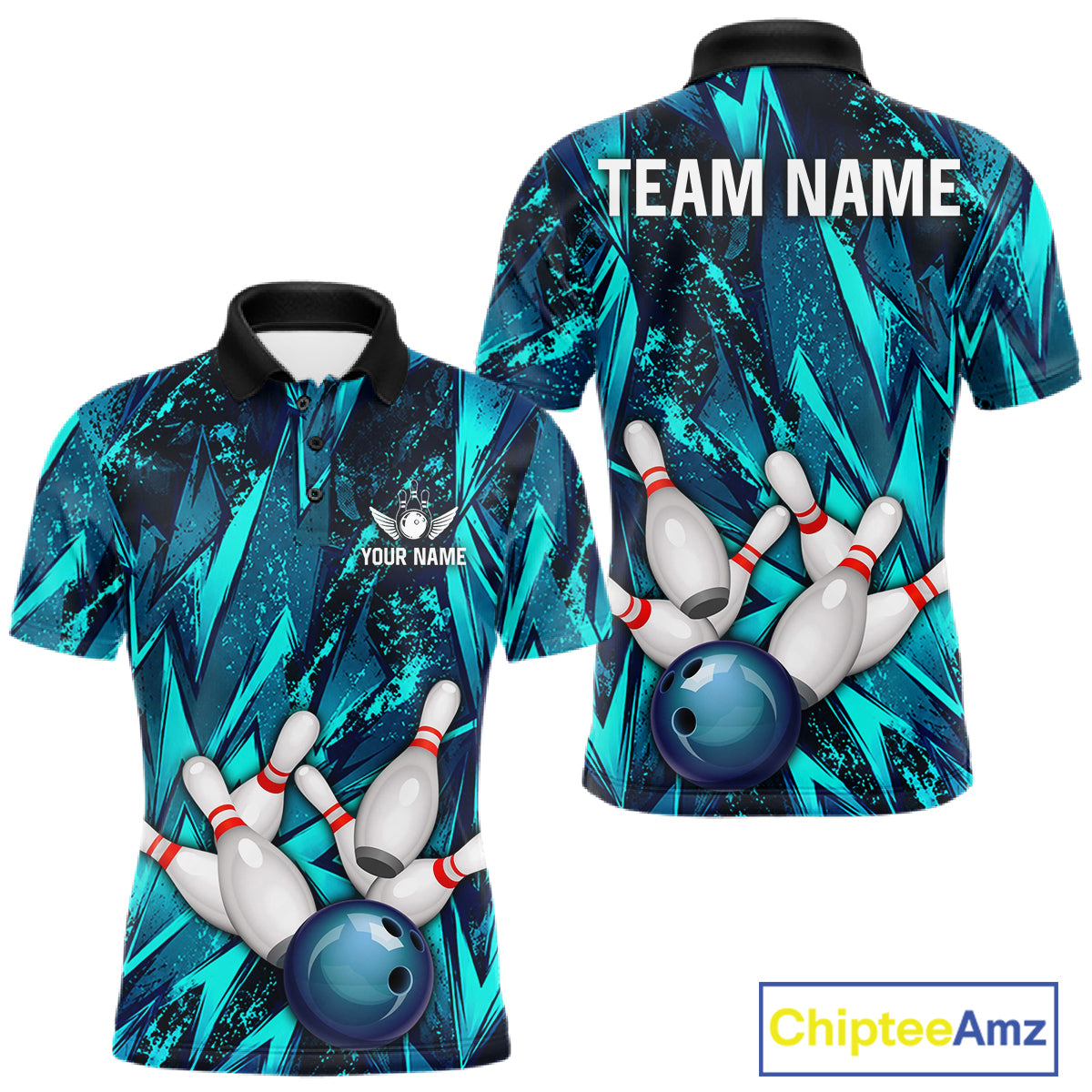 Strike Bowling Ball & Pins Grunge Cyan Men Bowling Shirts Personalized Bowling Team Outfits NYN3189