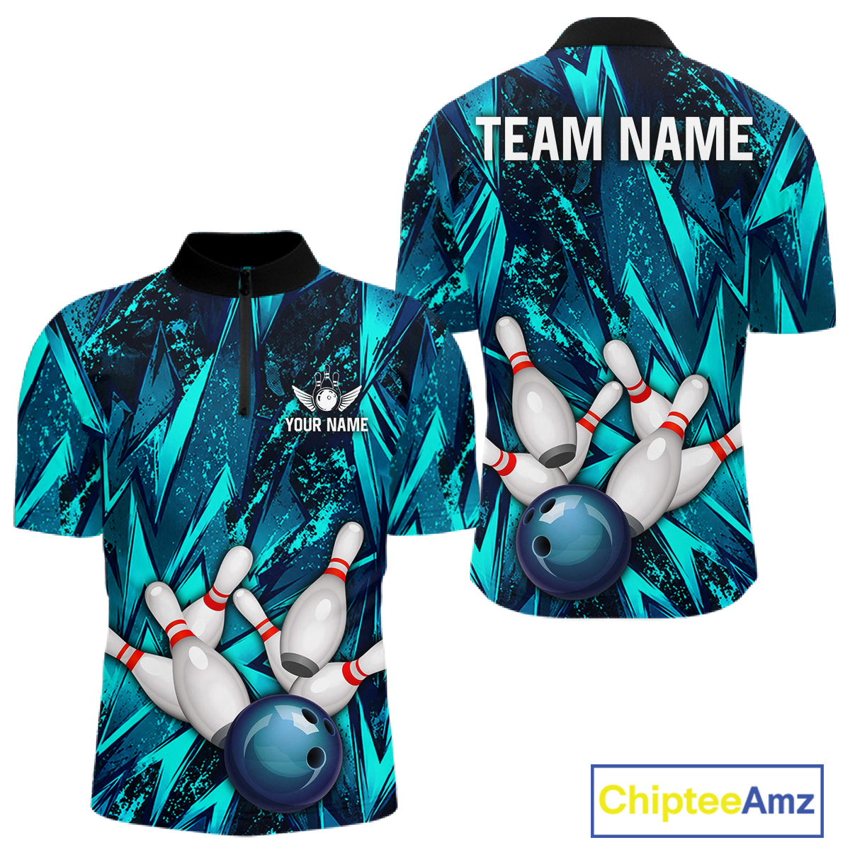 Strike Bowling Ball & Pins Grunge Cyan Men Bowling Shirts Personalized Bowling Team Outfits NYN3189