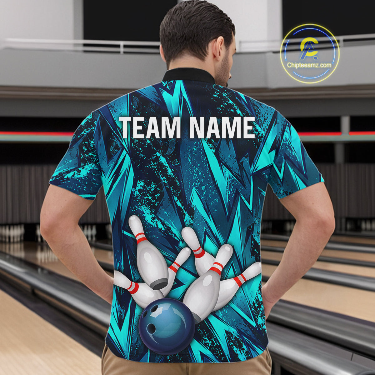 Strike Bowling Ball & Pins Grunge Cyan Men Bowling Shirts Personalized Bowling Team Outfits NYN3189
