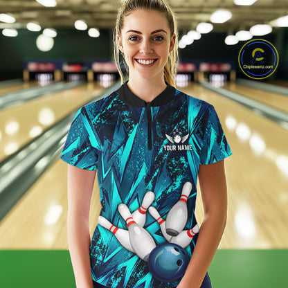 Strike Bowling Ball & Pins Grunge Cyan Women Bowling Shirts Personalized Bowling Team Outfits NYN3189