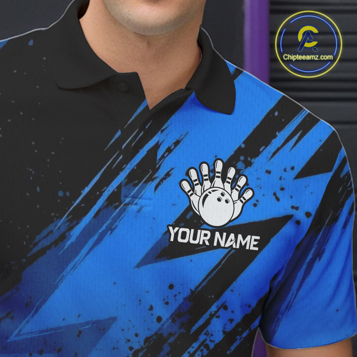 Mens Thunder Lightning Bowling Polo 1/4-Zip Shirts Custom Blue Stripes Team Bowling Jerseys NYN3455