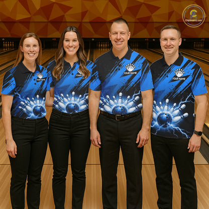 Womens Thunder Lightning Bowling Polo 1/4-Zip Shirts Custom Blue Stripes Team Bowling Jerseys NYN3455