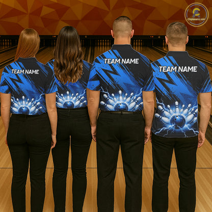 Womens Thunder Lightning Bowling Polo 1/4-Zip Shirts Custom Blue Stripes Team Bowling Jerseys NYN3455