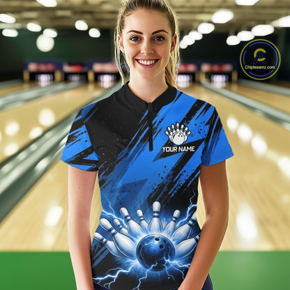 Womens Thunder Lightning Bowling Polo 1/4-Zip Shirts Custom Blue Stripes Team Bowling Jerseys NYN3455
