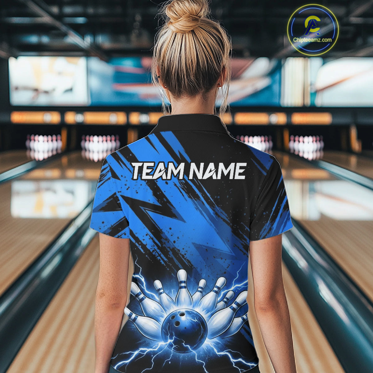 Womens Thunder Lightning Bowling Polo 1/4-Zip Shirts Custom Blue Stripes Team Bowling Jerseys NYN3455
