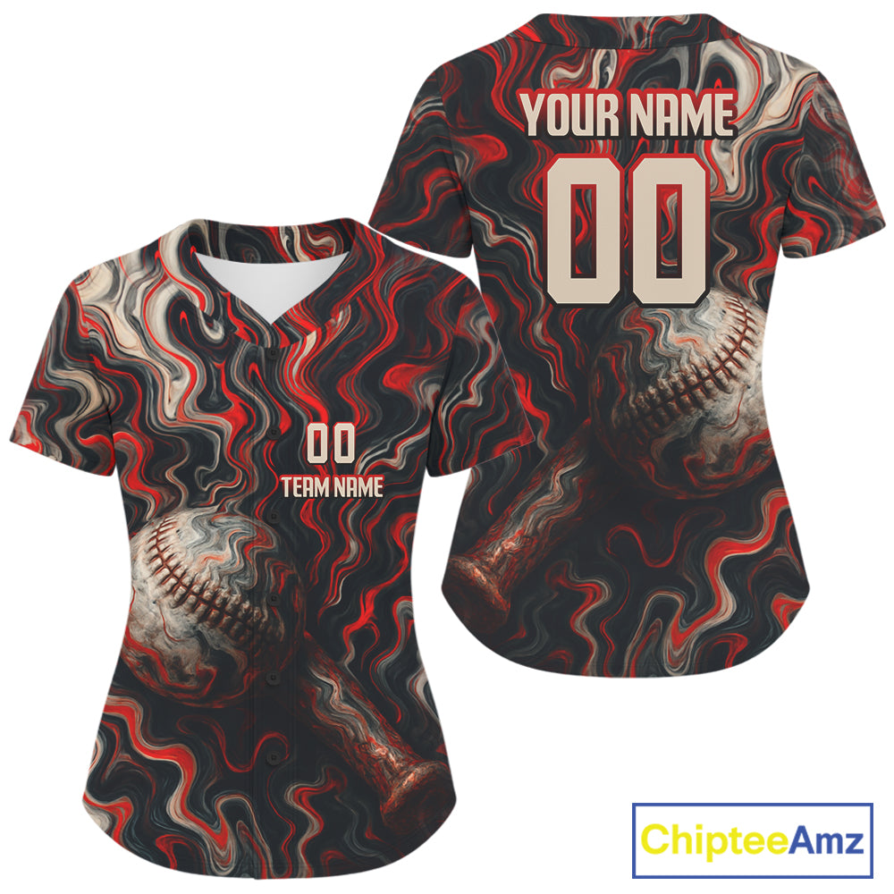 Custom Black And Red Paint Swirl Women Baseball Jersey Outfits Baseball Tournament Shirts NYN0977