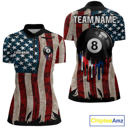 American Flag Retro Womens Billiard Pool Shirt Custom 8 Ball Dripping Patriot Billiards Team Jerseys NYN4018