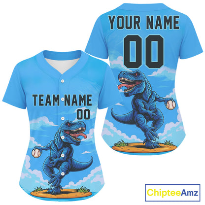Custom Blue Dinosaur Baseball Shirt For Women Outfits Button Up Baseball Jerseys NYN1351