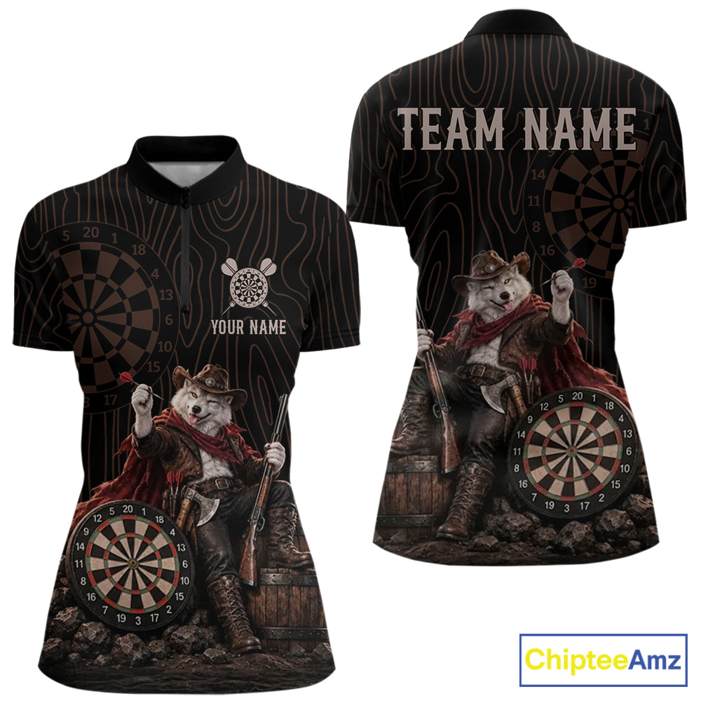 Custom Gunslinger Wolf Funny Darts Shirt For Women Personalized Name Team Retro Darts Jersey Apparel NYN4391