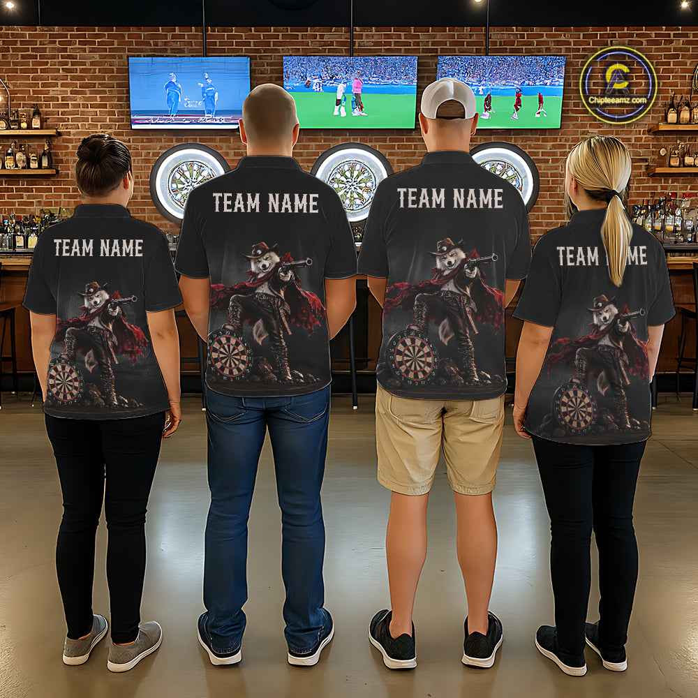 Custom Gunslinger Wolf Funny Darts Shirt For Men Personalized Name Team Grunge Darts Jersey NYN4392