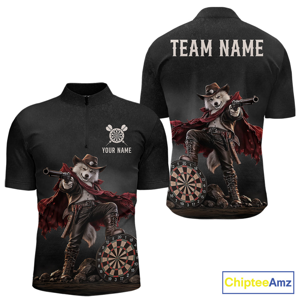 Custom Gunslinger Wolf Funny Darts Shirt For Men Personalized Name Team Grunge Darts Jersey NYN4392