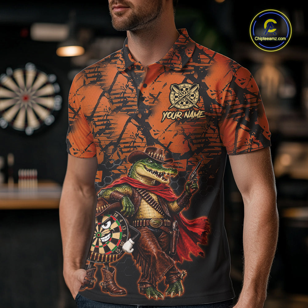 Cowboy Crocodile Funny Darts Polo 1/4-Zip Shirt For Men Custom Name Brown Camo Grunge Darts Team Apparel NYN4393
