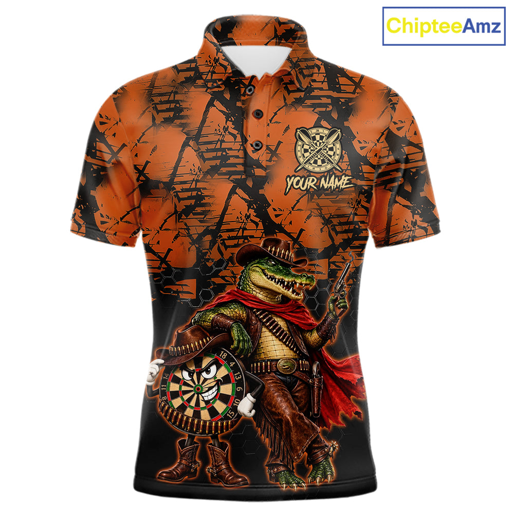 Cowboy Crocodile Funny Darts Polo 1/4-Zip Shirt For Men Custom Name Brown Camo Grunge Darts Team Apparel NYN4393