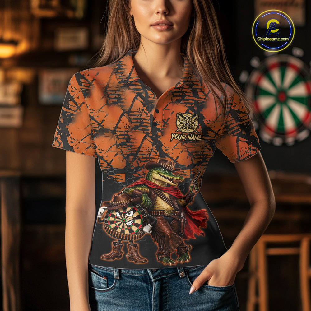 Cowboy Crocodile Funny Darts Polo 1/4-Zip Shirt For Women Custom Name Brown Camo Grunge Darts Team Apparel NYN4393