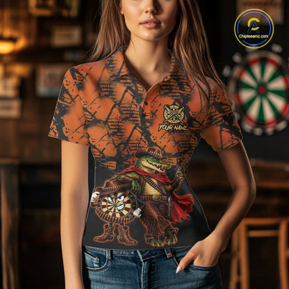 Cowboy Crocodile Funny Darts Polo 1/4-Zip Shirt For Women Custom Name Brown Camo Grunge Darts Team Apparel NYN4393