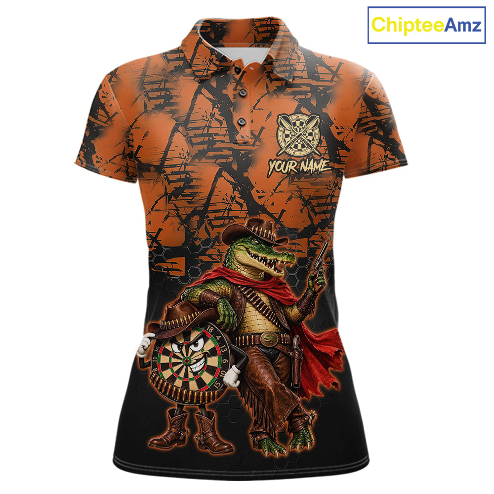 Cowboy Crocodile Funny Darts Polo 1/4-Zip Shirt For Women Custom Name Brown Camo Grunge Darts Team Apparel NYN4393