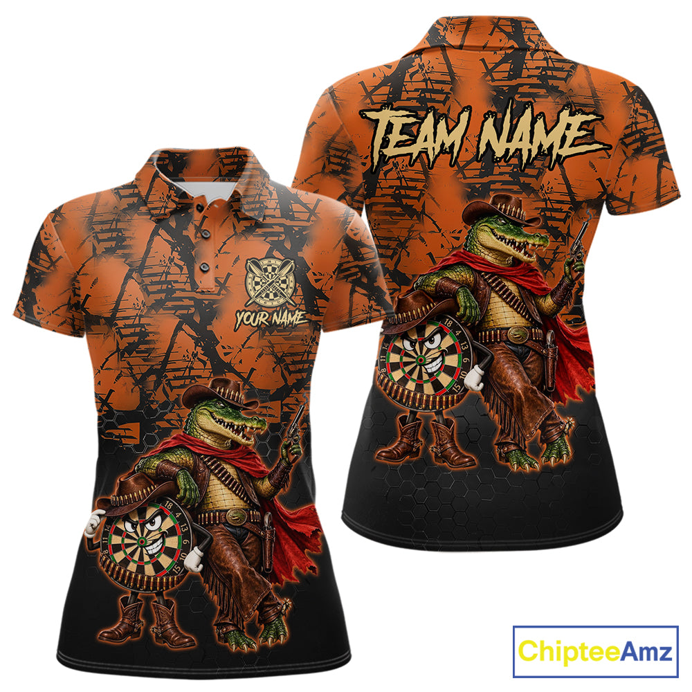 Cowboy Crocodile Funny Darts Polo 1/4-Zip Shirt For Women Custom Name Brown Camo Grunge Darts Team Apparel NYN4393