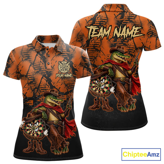Cowboy Crocodile Funny Darts Polo 1/4-Zip Shirt For Women Custom Name Brown Camo Grunge Darts Team Apparel NYN4393