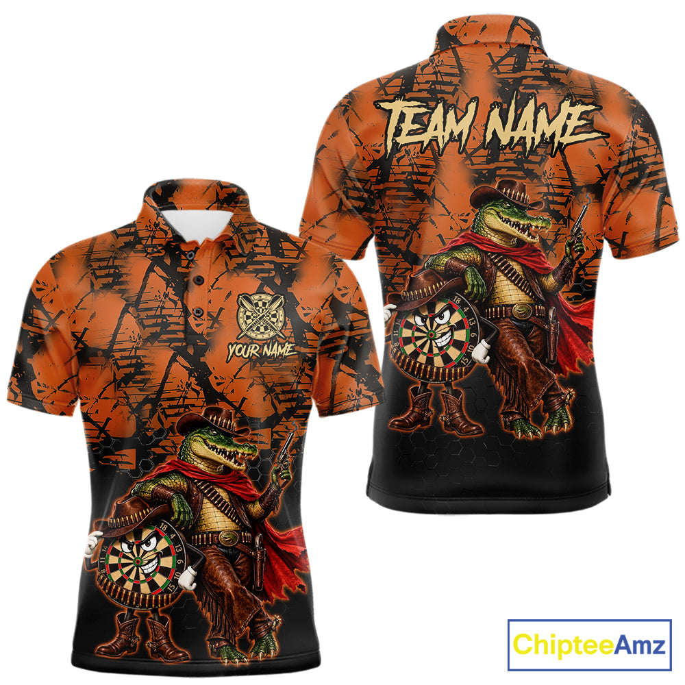 Cowboy Crocodile Funny Darts Polo 1/4-Zip Shirt For Men Custom Name Brown Camo Grunge Darts Team Apparel NYN4393