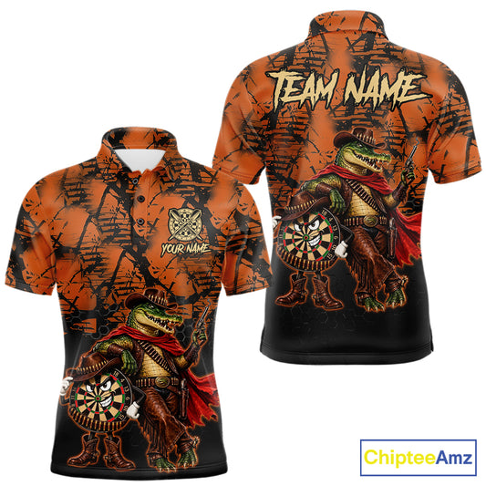 Cowboy Crocodile Funny Darts Polo 1/4-Zip Shirt For Men Custom Name Brown Camo Grunge Darts Team Apparel NYN4393