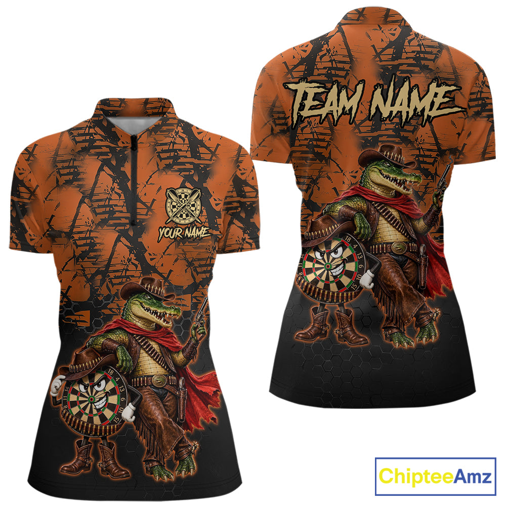 Cowboy Crocodile Funny Darts Polo 1/4-Zip Shirt For Women Custom Name Brown Camo Grunge Darts Team Apparel NYN4393