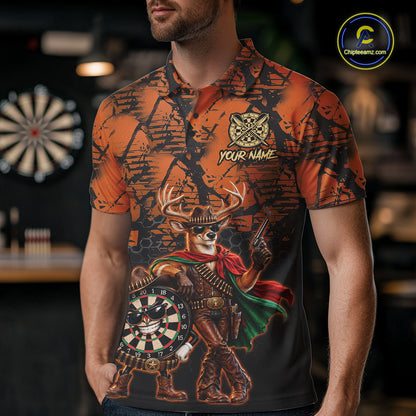 Cowboy Deer Funny Darts Polo 1/4-Zip Shirt For Men Custom Name Brown Camo Grunge Darts Team Apparel NYN4394