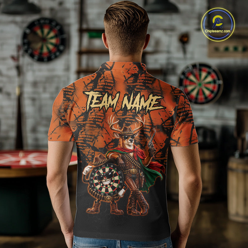 Cowboy Deer Funny Darts Polo 1/4-Zip Shirt For Men Custom Name Brown Camo Grunge Darts Team Apparel NYN4394