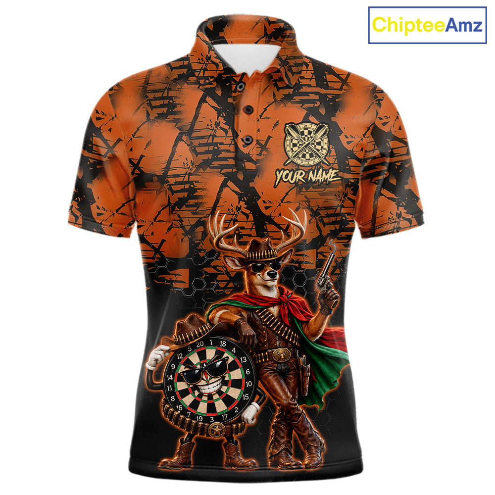 Cowboy Deer Funny Darts Polo 1/4-Zip Shirt For Men Custom Name Brown Camo Grunge Darts Team Apparel NYN4394
