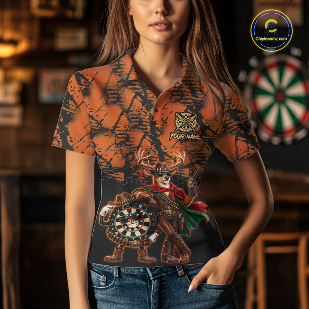 Cowboy Deer Funny Darts Polo 1/4-Zip Shirt For Women Custom Name Brown Camo Grunge Darts Team Apparel NYN4394