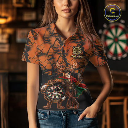 Cowboy Deer Funny Darts Polo 1/4-Zip Shirt For Women Custom Name Brown Camo Grunge Darts Team Apparel NYN4394