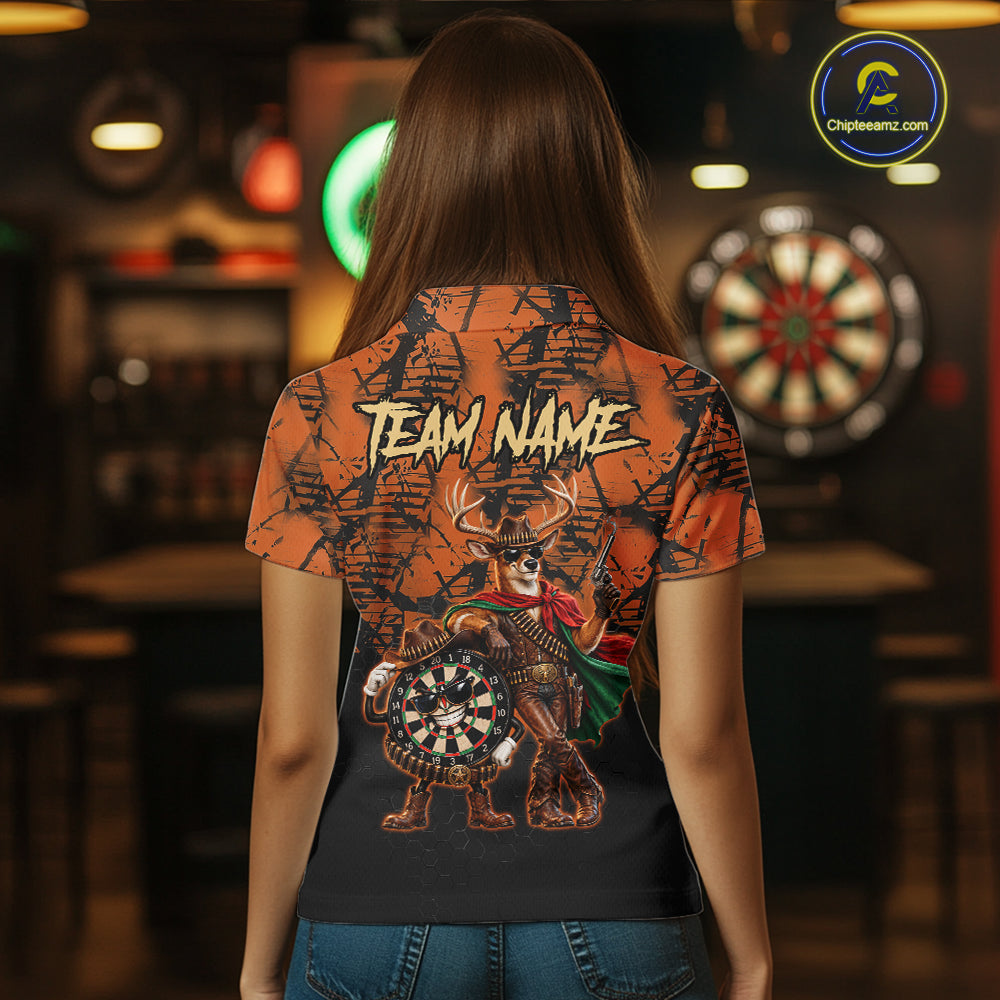 Cowboy Deer Funny Darts Polo 1/4-Zip Shirt For Women Custom Name Brown Camo Grunge Darts Team Apparel NYN4394