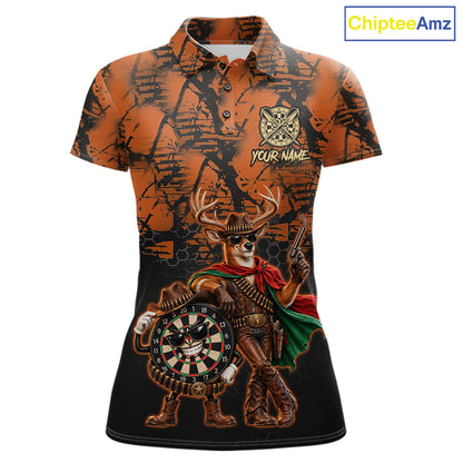 Cowboy Deer Funny Darts Polo 1/4-Zip Shirt For Women Custom Name Brown Camo Grunge Darts Team Apparel NYN4394