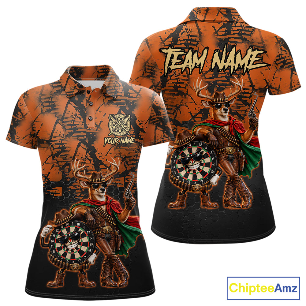 Cowboy Deer Funny Darts Polo 1/4-Zip Shirt For Women Custom Name Brown Camo Grunge Darts Team Apparel NYN4394