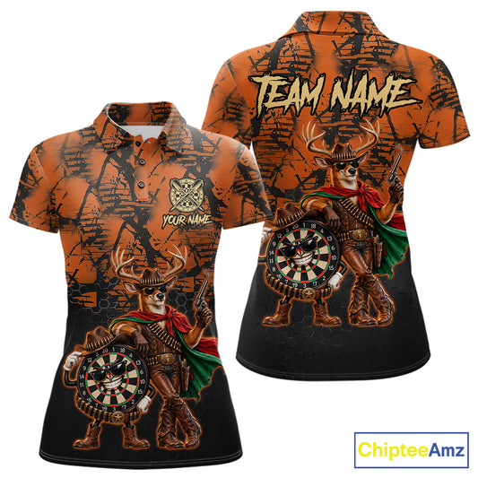 Cowboy Deer Funny Darts Polo 1/4-Zip Shirt For Women Custom Name Brown Camo Grunge Darts Team Apparel NYN4394