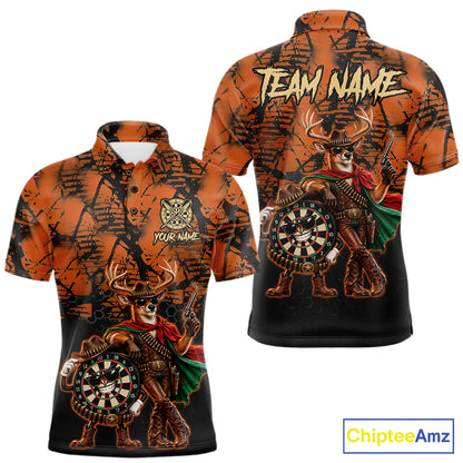 Cowboy Deer Funny Darts Polo 1/4-Zip Shirt For Men Custom Name Brown Camo Grunge Darts Team Apparel NYN4394