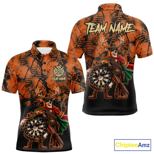 Cowboy Deer Funny Darts Polo 1/4-Zip Shirt For Men Custom Name Brown Camo Grunge Darts Team Apparel NYN4394