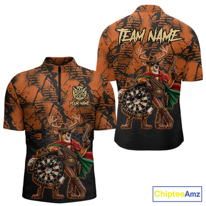 Cowboy Deer Funny Darts Polo 1/4-Zip Shirt For Men Custom Name Brown Camo Grunge Darts Team Apparel NYN4394
