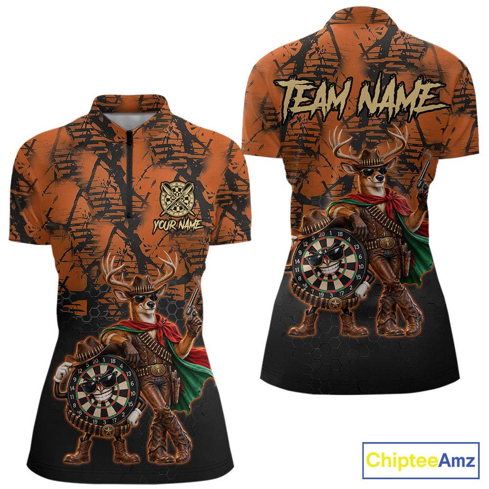 Cowboy Deer Funny Darts Polo 1/4-Zip Shirt For Women Custom Name Brown Camo Grunge Darts Team Apparel NYN4394