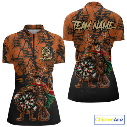Cowboy Deer Funny Darts Polo 1/4-Zip Shirt For Women Custom Name Brown Camo Grunge Darts Team Apparel NYN4394