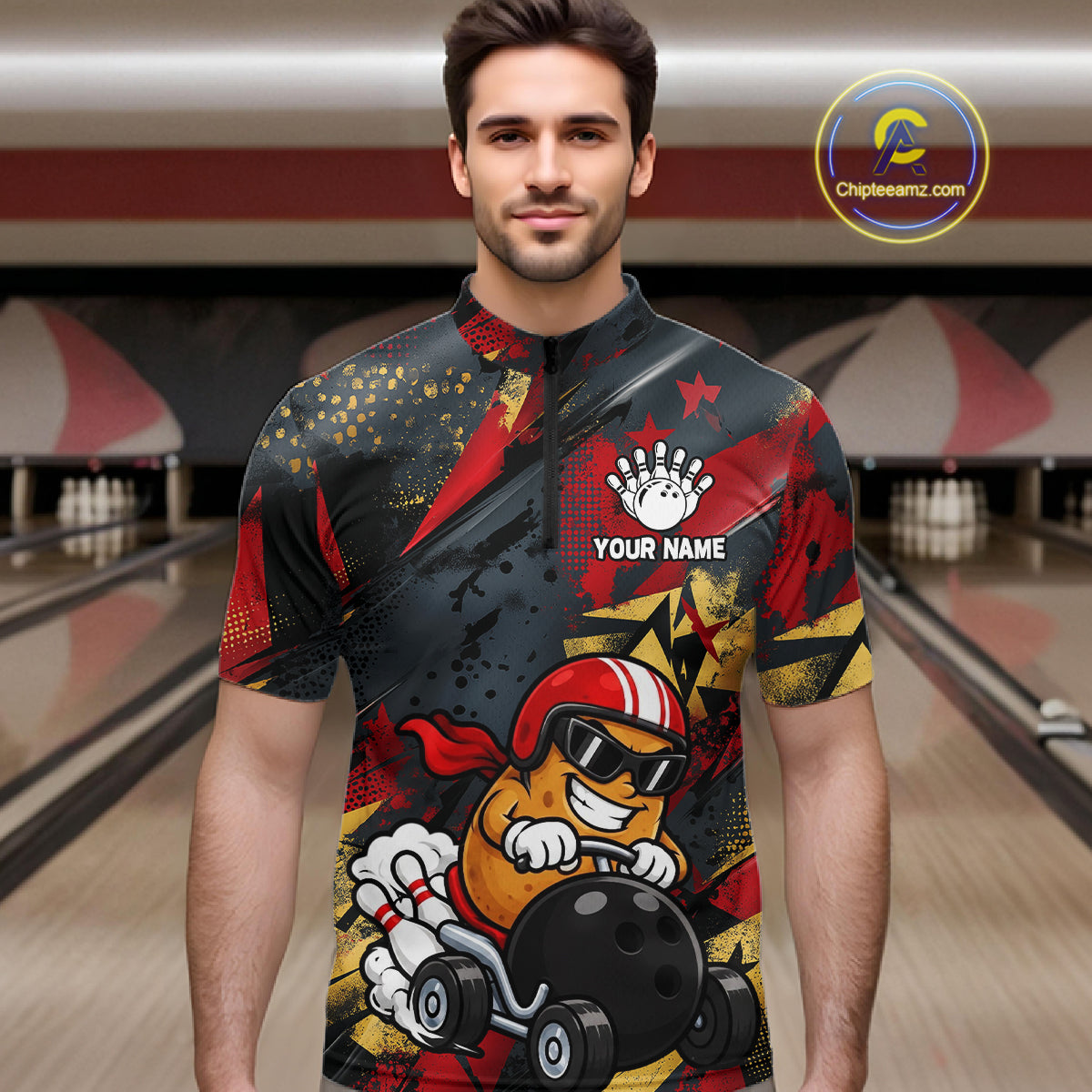 Funny Bowling Shirt For Men Custom Racing Potato Bowler Polo Quarter-Zip Jersey Bowling Team Jersey NYN4402