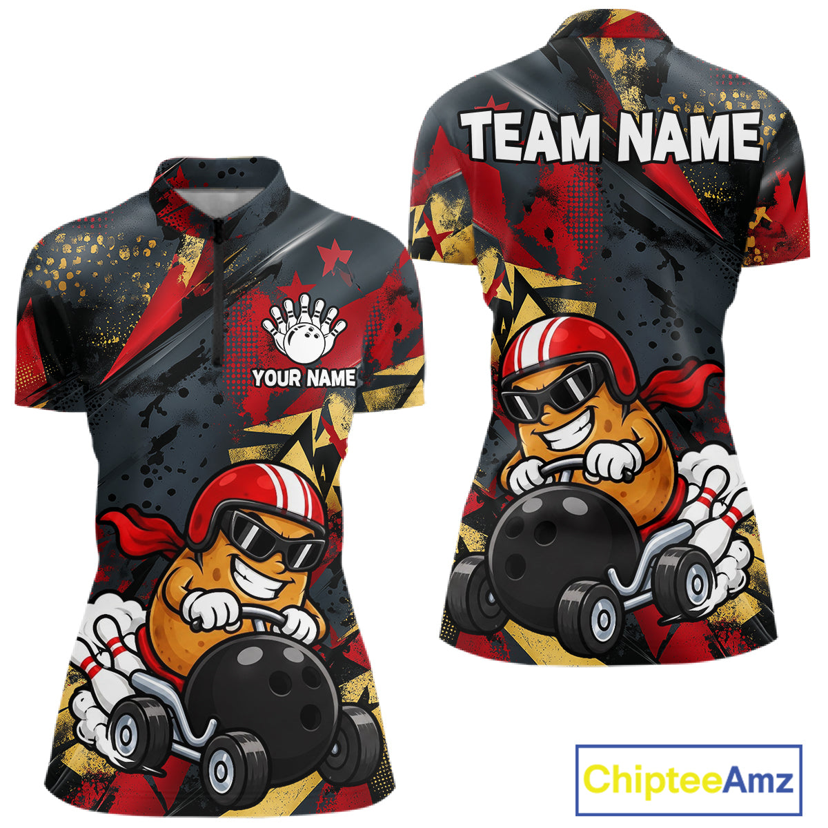 Funny Bowling Shirt For Women Custom Racing Potato Bowler Polo Quarter-Zip Jersey Bowling Team Jersey NYN4402