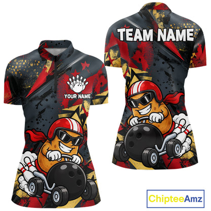 Funny Bowling Shirt For Women Custom Racing Potato Bowler Polo Quarter-Zip Jersey Bowling Team Jersey NYN4402